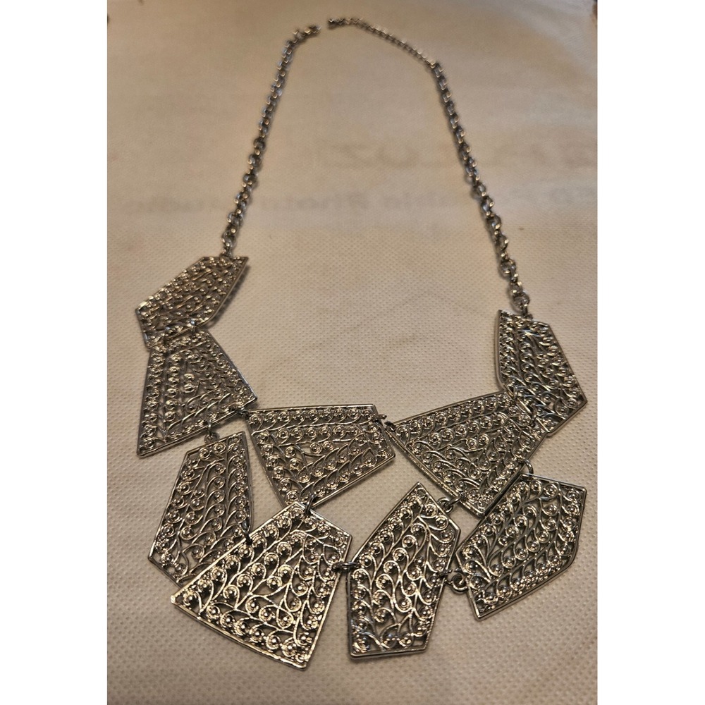 Statement Necklace Silver Geometric Filigree Part… - image 5